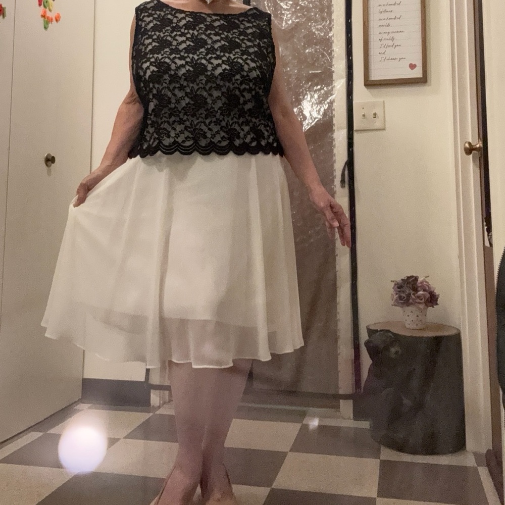 2 Connected Apparel Black Lace Over Cream/Black Lace Over Black Overlay Dresses